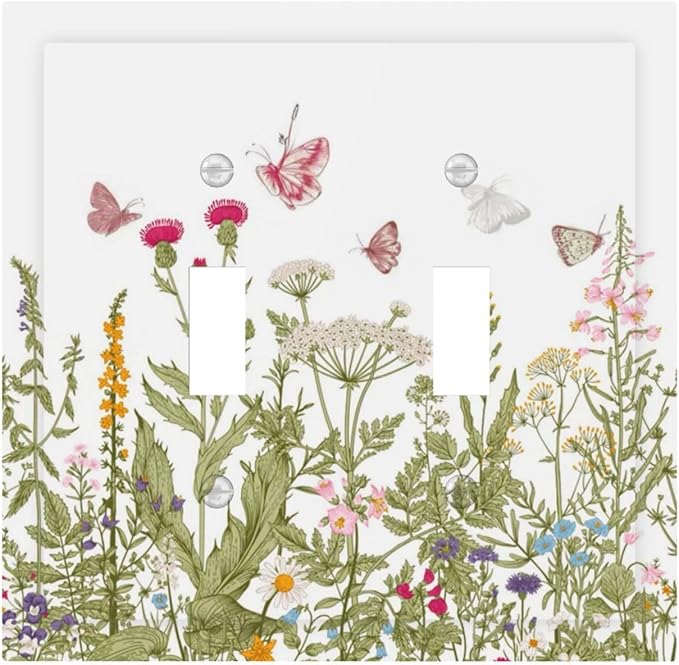 Colorful Butterfly Floral Plants Flower Vine Decorative Switch Plates 2 Gang Double Toggle Outlet Light Switch Cover Wall Plate Electrical Faceplate for Bed Room Living Room Decor