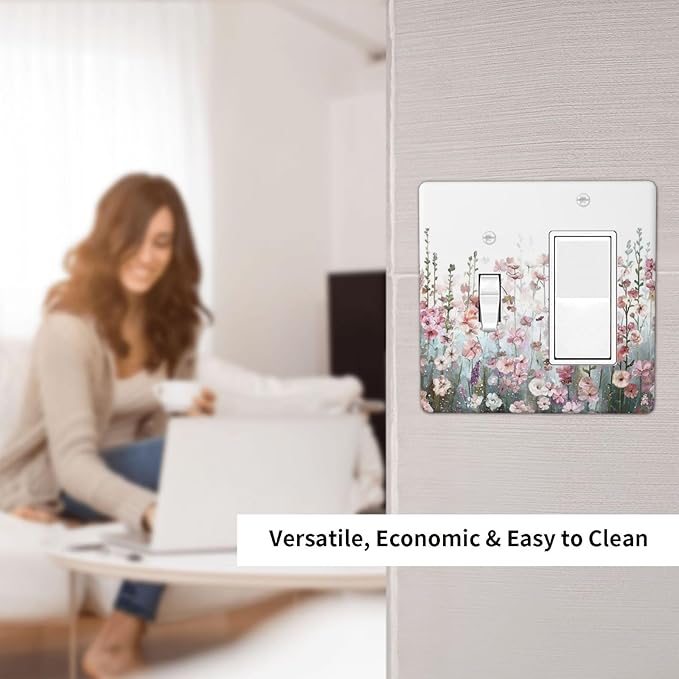 Colorful Flowers Pink Floral Watercolor Plant Outlet Covers 1 Toggle 1 Rocker Combination Decorative Wall Plate Electrical Switch Plates Light Switch Cover Plate for Bed Room Living Room Decor