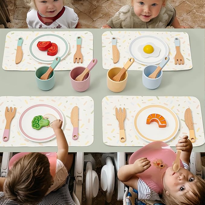 Lonico Wooden Play Kitchen Accessories Toys for Toddlers 3-5, Kids Play Kitchen with Realistic Plates & Dishes & Tableware, Montessori Pretend Christmas Birthday Gifts for 3 4 5 6 Years Girls Boys
