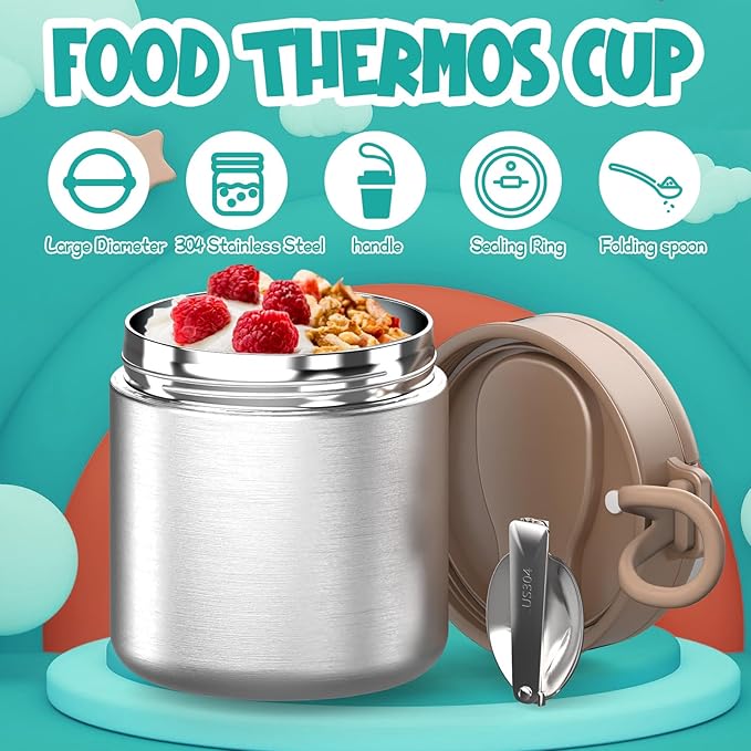 Thermo for Hot Food Kids - 15.2oz, Leak Proof Insulated Food Jar, Soup Thermo, Insulated Lunch Containers, Termos Para Comida Caliente, Wide Mouth Lunch Box with Folding Spoon and Handle