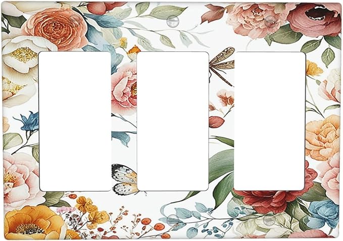 Rustic Style Colorful Peony Butterfly Dragonfly Light Switch Covers 3 Gang Rocker Decorative Triple Outlet Wall Plate Cover Switchplate Electrical Gfci for Bedroom Living Room Decor