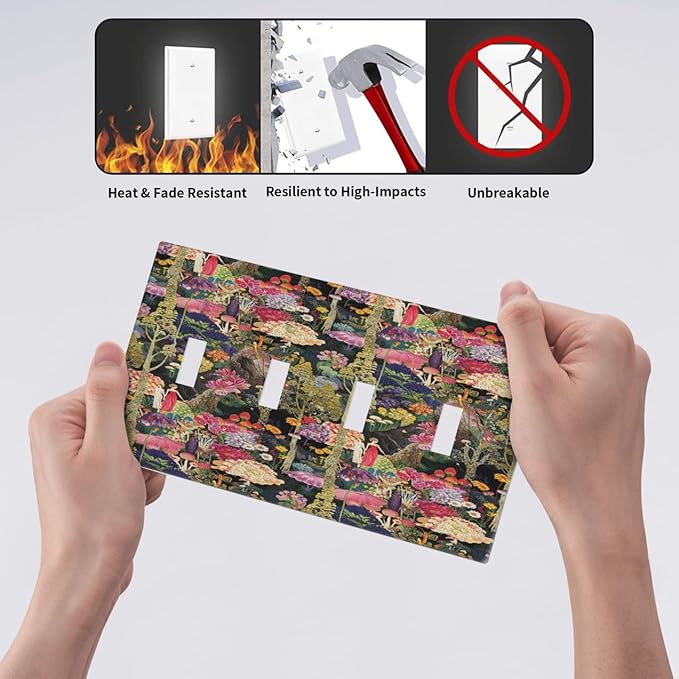 Dreamy Tropical Rainforest Colorful Mushroom Wildflower Light Switch Covers Quad Toggle Electrical Faceplate 4 Gang Wall Plate Decorative Switch Plates Cover for Farmhouse Kids Room Decor