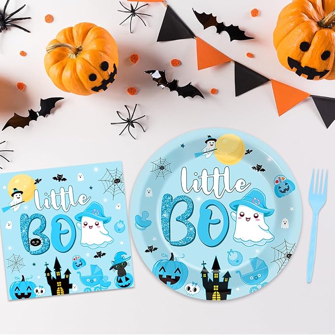 96PCS Halloween Little Boo Baby Shower Plates and Napkins for Boo baby shower Decorations Disposable Blue and Black Dinnerware Plates Napkins Forks for Halloween Party Favors