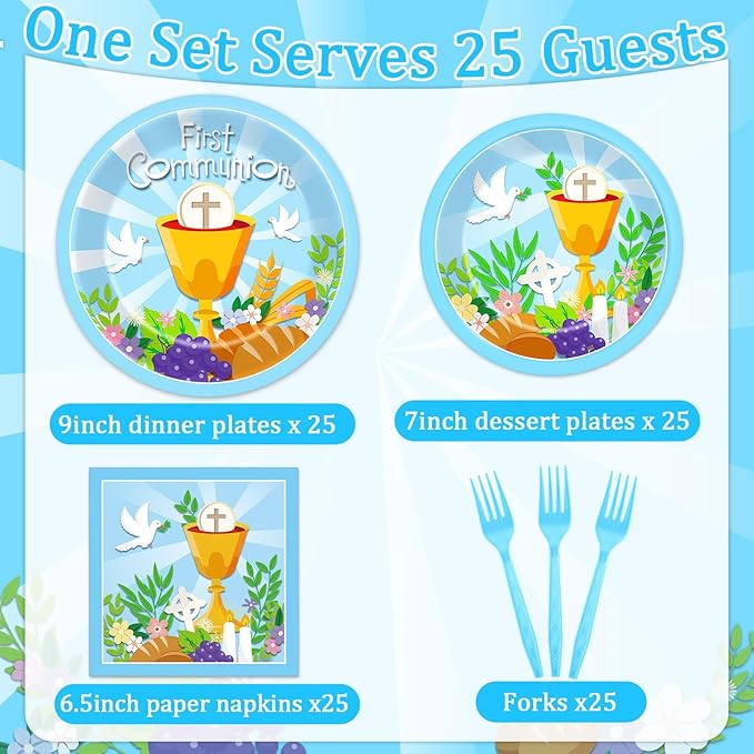 Qyeahkj 100 Pcs Baptism Plates and Napkins, First Holy Communion Party Blue Paper Disposable Tableware Decorations for Boys God Bless Decor for Christening Celebration Party Baby Shower, Serves 25