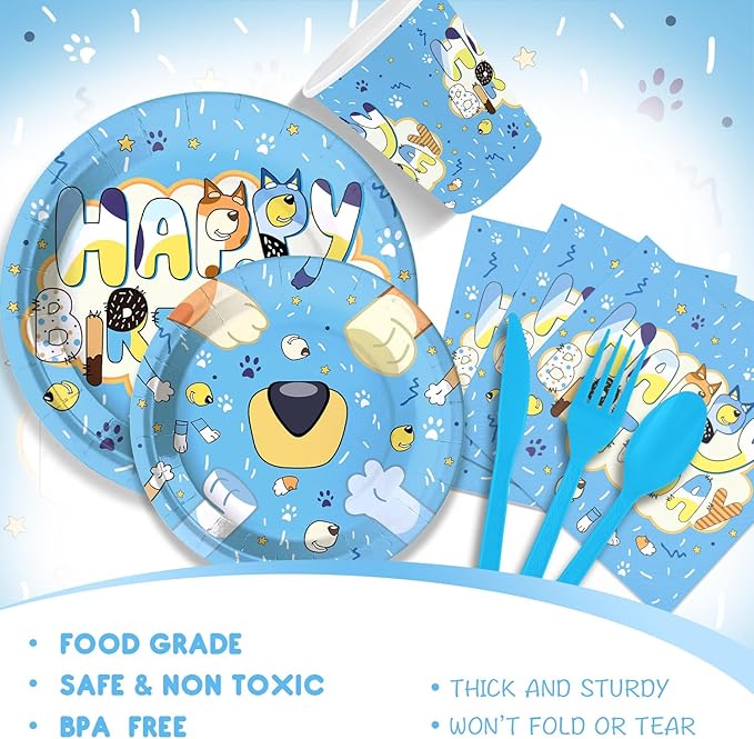 Blue Cartoon Dog Theme Party Supplies for 24 Guests,Blue Dog Birthday Decorations Disposable Tableware Set With Plates, Cups, Napkins & Cutlery For Kids Child Themed Birthday Party