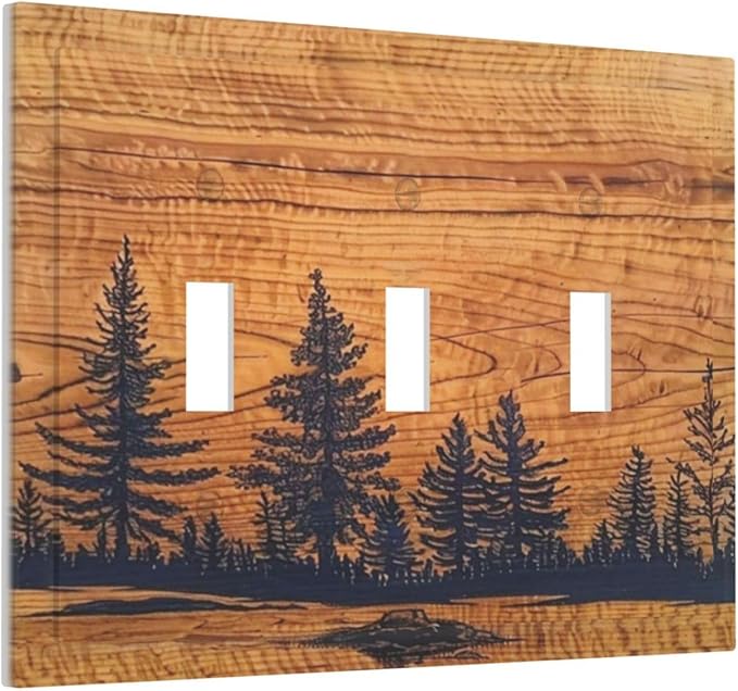 Country Farm Forest Pine Tree Woodland Woods 3 Gang Screwless Triple GFCI Decorator/Rocker Light Switch Wall Plate Rustic Orange Wood Wooden Decorative Dual Device Receptacle Faceplate Outlet Cover