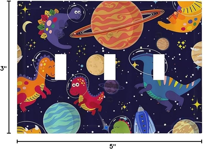 Navy Blue Cute Cartoon Dino Dinosaur Decorative 3 Gang Toggle Light Switch Covere Plate Kids Universe Galaxy Outer Space Planet Nebula Boy Electrical Outlet Switch Face Wall Plate Cover Jumbo Size