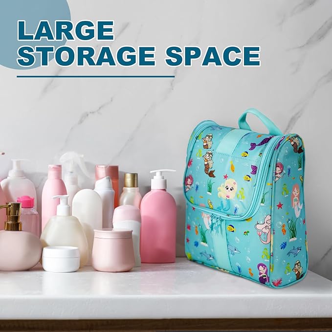 Remobia Hicol Cute Cartoon Hanging Kids Toiletry Bag Children Travel Cosmetic Makeup Organizer Wash Bag Shower bag Over Night Bag Camping Shaving Kit Bag for Boys & Girls (Mermaid)