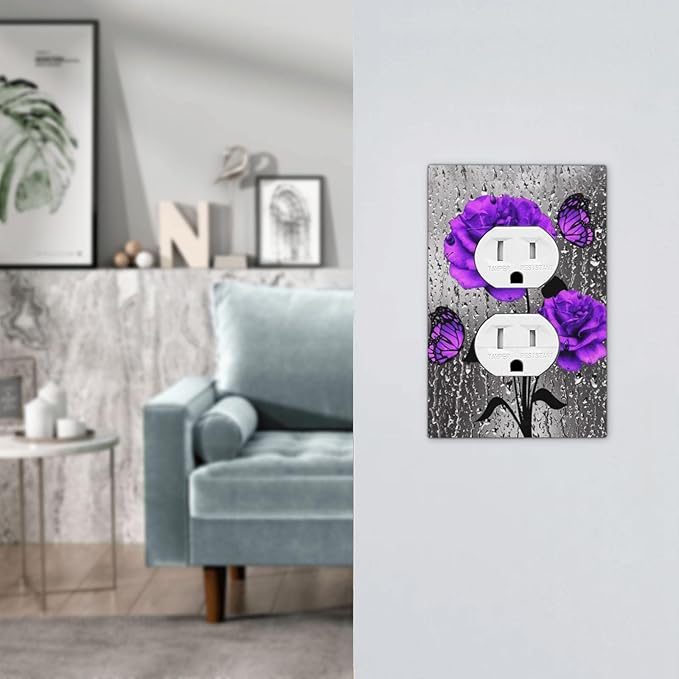 Purple Rose Butterfly Print 1 Gang Duplex Wall Plate Receptacle Outlet Covers Romantic Blossom Flowers Floral Raindrops Art Decorative Electrical Dual Device Light Switch Plug Socket Faceplate Cover