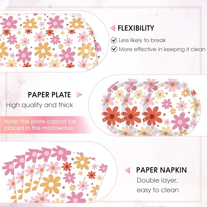 41PCS Groovy Daisy Birthday Party Decorations Retro Hippies Flower Disposable Tableware Include Daisy Plates and Napkin and Daisy Tablecloth Party Supplies for 70s Boho Birthdays Baby Showers Weddings