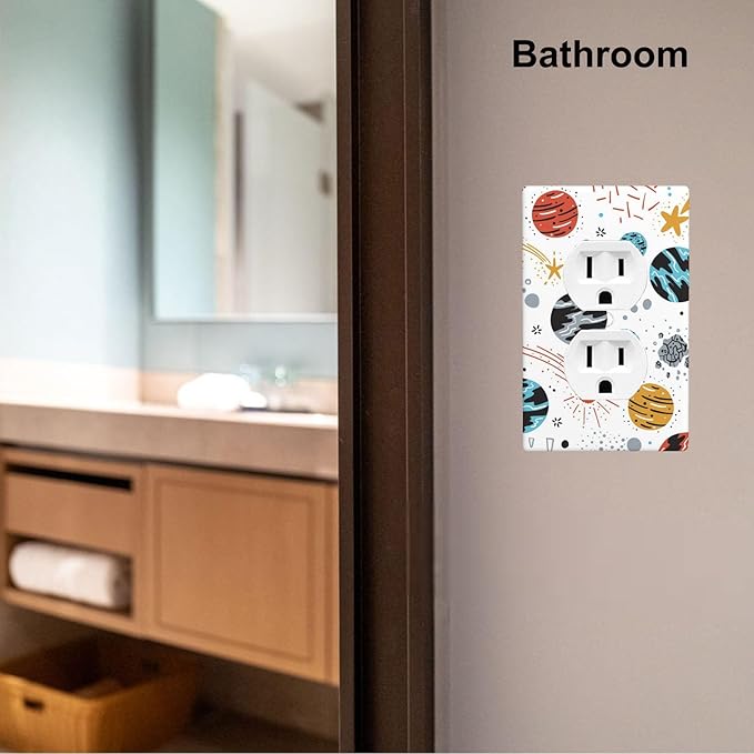 Space Planets Stars 1-Gang Duplex Wall Plate, Cartoon Space Outlet Cover Standard Size Decorative Faceplate for Kids Room, Playroom & Home Decor