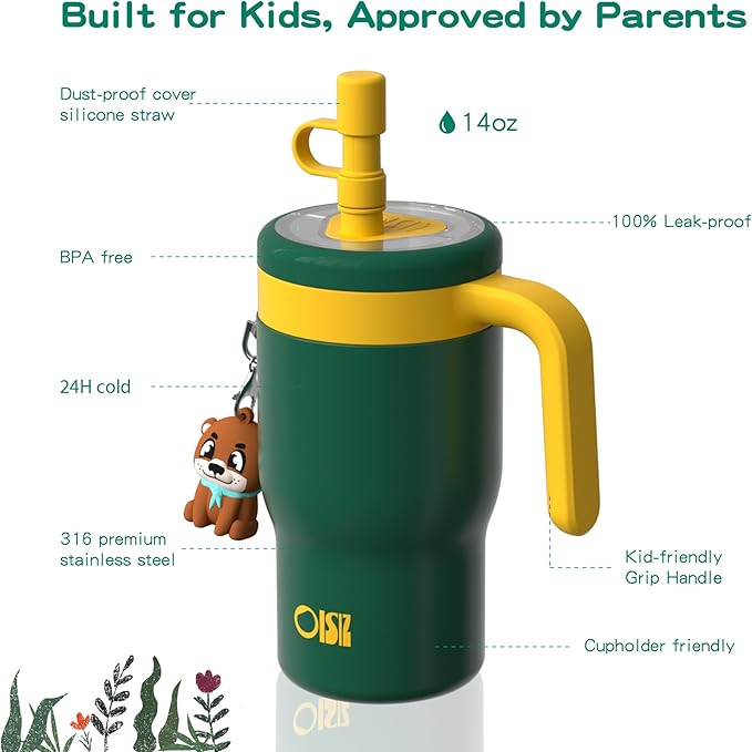 OISIZ 14oz Kids Tumbler with Straw Lid & Handle,Kids Cup with Animal Accessory for School,Kids Water Bottles with Dust-proof Cover,Leakproof Water Bottles,316 Stainless Steel,Keep Cold 24 Hours-green