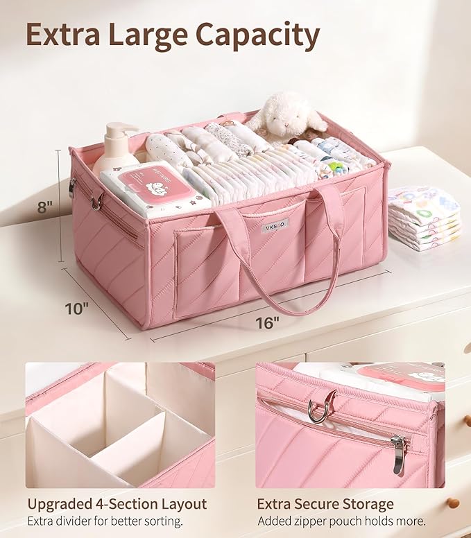 Extra Large Diaper Caddy Organizer – Big Nursery Storage Basket with Zipper Pocket, Shoulder Strap & Stroller Hooks, Water-Resistant Travel Tote for Twins, Gift for Baby Shower, Blush Pink