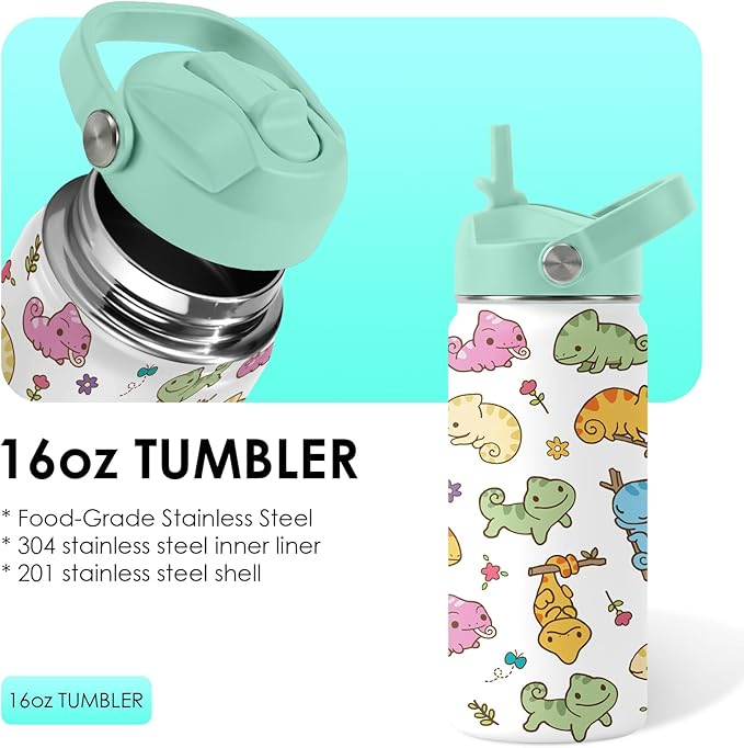 Axolotl Gifts for Girls - 16oz Green Axolotl Water Bottle with Straw Lid, Stainless Steel Insulated Tumbler, Leak Proof, for Boys, Sport, Travel, School - Animal Lovers Children Birthday Gift Cup(1pc)