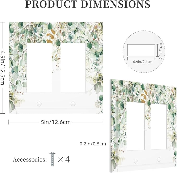 Gold Green Eucalyptus Leaves Plants Flowers Floral Decorative Outlet Covers 2 Gang Double GFCI Rocker Electrical Wall Panels Light Switch Cover Plate for Bedroom Living Room Decor