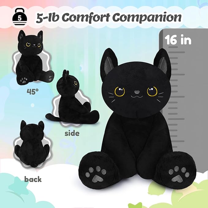 BRICHOEE 5lbs Weighted Stuffed Animals, Black Cat Plush Calming Weighted Black Cat Stuffed Animals, Cute Plush Toy Sensory Plushie Pillow Birthday Gifts for Adults Baby Kids Boys Girls