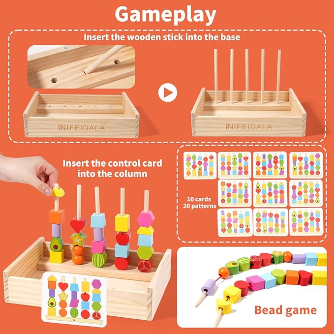 INIFEIDALA Montessori Toys for 3 4 5 Year Old, Stacking Blocks, Lacing Beads & Shape Stacker, Wooden Peg Board Beads Set, Fine Motor Skills & STEM Preschool Learning Gifts for Toddlers Boys & Girls
