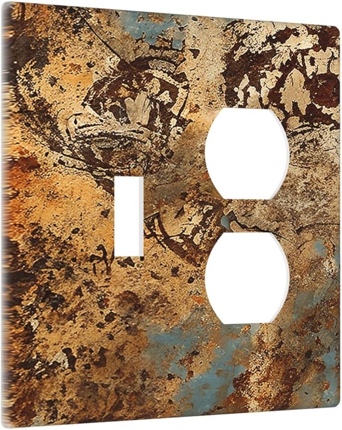 Light Switch Cover Plate Shabby Old Rusty Antique Brass Copper Print 2 Gang Outlet Covers 1 Toggle 1 Duplex Socket Cover Wallplates Electrical Switch Plate Covers for Kitchen Home Decor