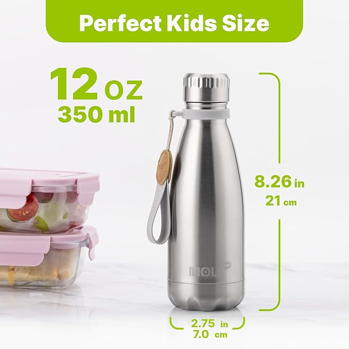 Kids Water Bottle, 12 oz Stainless Steel Vacuum Insulated Small Water Bottle for Kids,Cola Shape Sports Water Bottle Leak Proof (Silver)