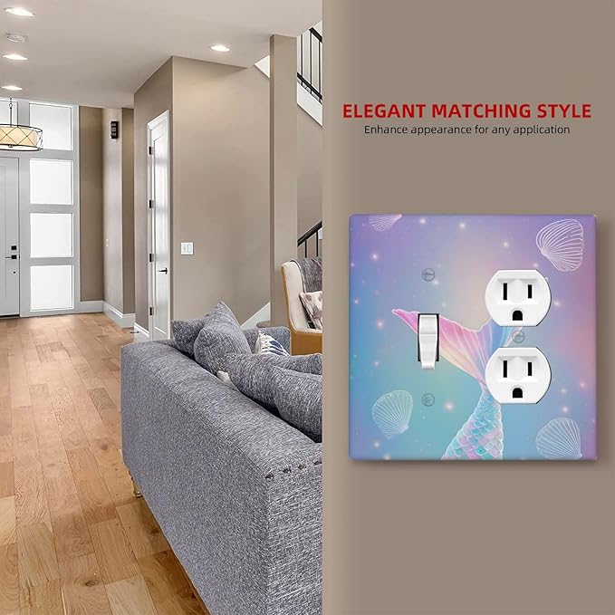 Cute Mermaid Pink Tail Scales Shells Colorful Ocean Wallplates 1 Toggle 1 Duplex Switch Plate Electrical GFCI Faceplate Decorative Light Switch Covers for Kids Room Nursery Decor