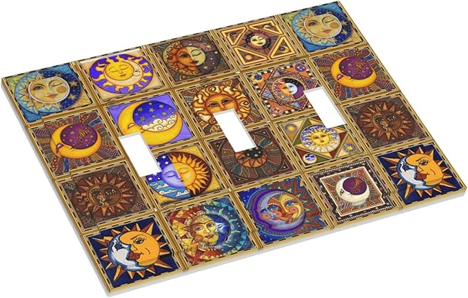 Mexican Talavera Tiles Star Pattern Celestials Theme Print Decorative Switch Plates 3 Gang Wall Plate Triple Toggle Light Switch Cover Faceplate Electrical Wall Panels for Kitchen Home Decor