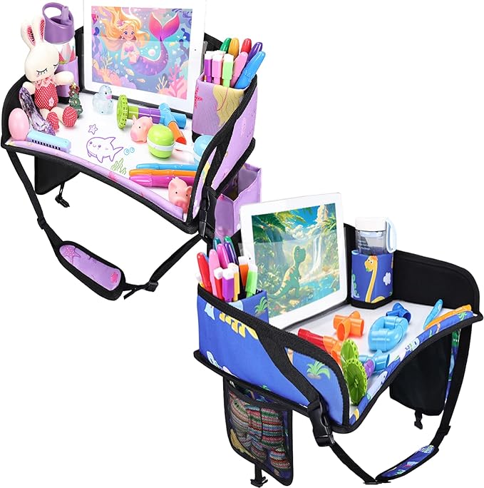 2PCS Kids Travel Tray for Airplane - Toddler Car Seat Table Tray, Road Trip Essentials for Boys & Girls, Carseat Lap Desk for Kids Road Trip Activities (Blue Dinosaur/Purple Mermaid)