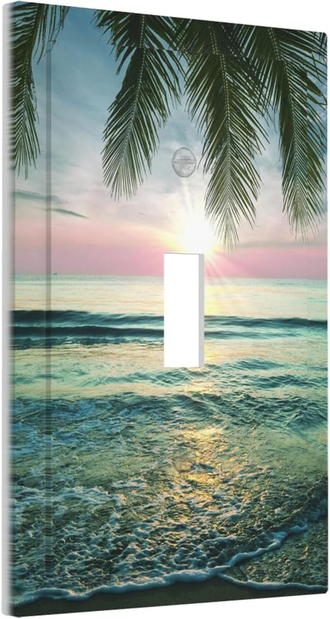 Tropical Beach Sunset 1-Gang Toggle Light Switch Plate, Palm Fringe Ocean View Decorative Wall Plate for Pool Beach House Decor