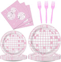 96PCS Pink Silver Disco Party Plates Napkins Disco Birthday Decoration 70s Theme Disposable Paper Cake Tableware Serve 24 Guests Women Girls Baby Shower Bachelorette Wedding Birthday Party Favor