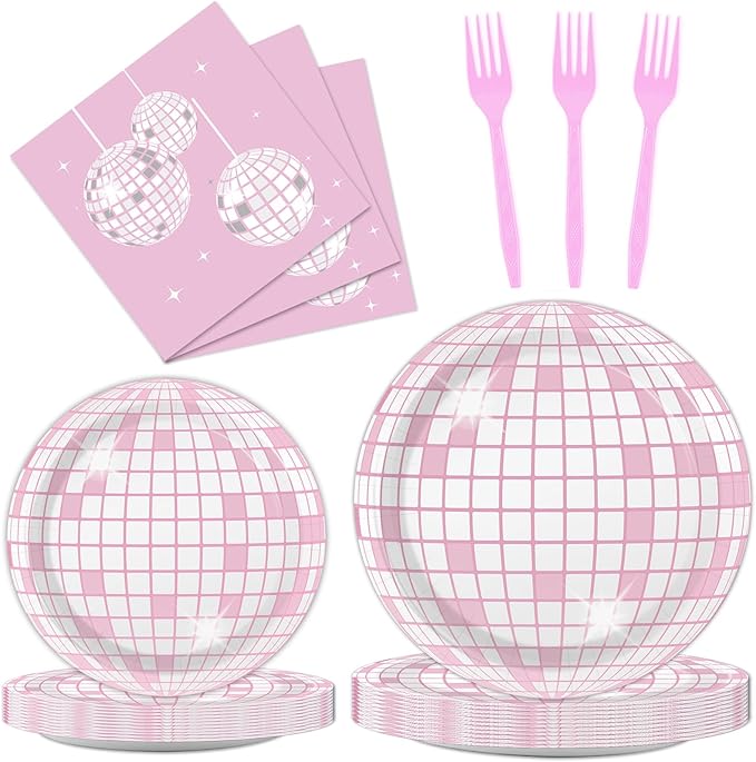 96PCS Pink Silver Disco Party Plates Napkins Disco Birthday Decoration 70s Theme Disposable Paper Cake Tableware Serve 24 Guests Women Girls Baby Shower Bachelorette Wedding Birthday Party Favor