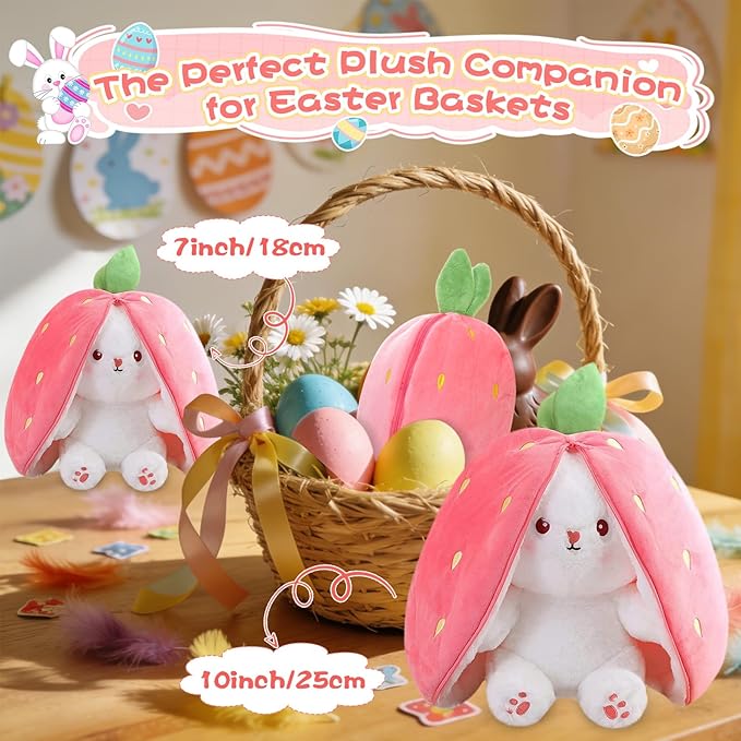 MIAODAM Easter Bunny Stuffed Animal, Carrot and Strawberry Bunny Plush Turn Into Rabbit Fruit Doll, Plushies Funny Bunny Toy for Girls (Strawberry Rabbit, 10inch)