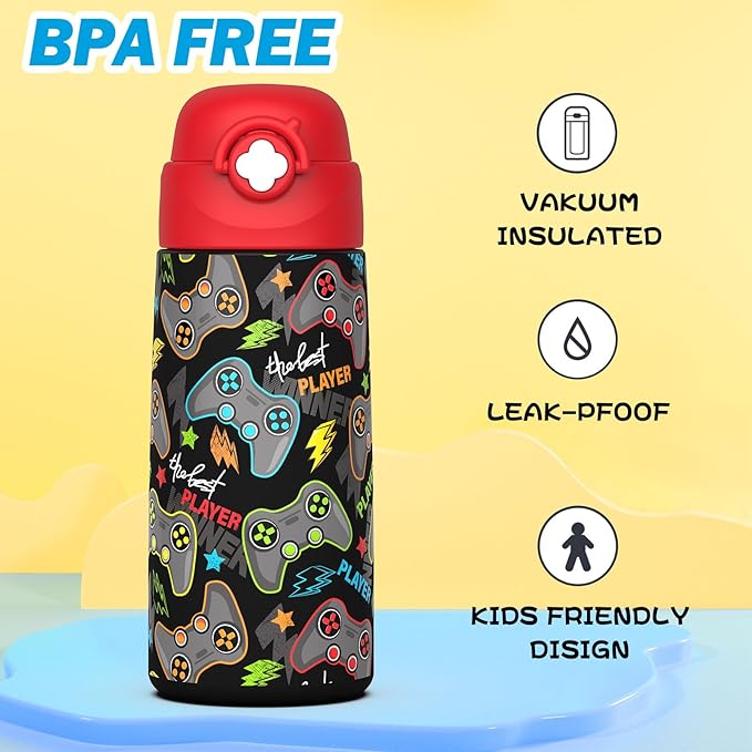 Boys Insulated Water Bottle with Covered Pop-Up Straw,16 oz Kids Cups with Stainless Steel Leak Proof for School（Red-Game）