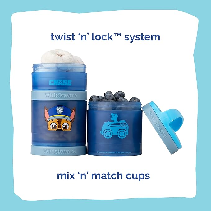 Whiskware Paw Patrol Stackable Snack Containers for Infants, Kids, and Toddlers, Durable Food Storage Containers for Daycare, Car, and Airplane Travel, Dishwasher Safe, Chase