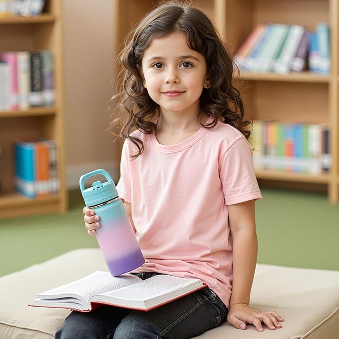 12oz Kids Water Bottle for School, Toddler Water Bottles with Straws, Insulated Water Bottles for Boys&Girls, Stainless Steel Vacuum Insulated Bottle for Kids, Leak-Proof, BPA-Free, Magic Forest