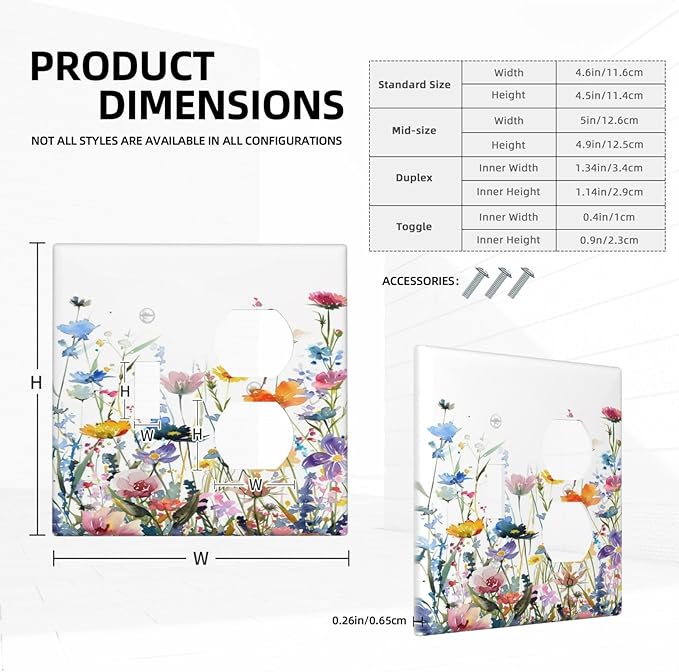 Watercolor Wildflowers Colorful Floral Plant Wallplates 1 Toggle 1 Duplex Switch Plate Electrical GFCI Faceplate Decorative Light Switch Covers for Bedroom Living Room Decor