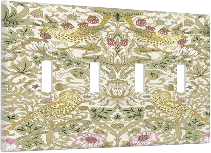 William Morris Vintage Strawberry Bird Botanical Light Switch Covers Quad Toggle Electrical Faceplate 4 Gang Wall Plate Decorative Switch Plates Cover for Farmhouse Home Decor
