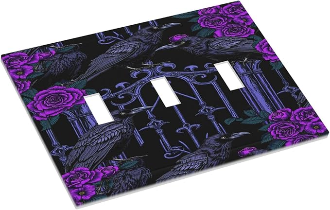 Decorative Switch Plates Gothic Style Crow Purple Flowers 3 Gang Wall Plate Faceplate Triple Toggle Light Switch Cover Electrical Wall Panels for Bedroom living Room Decor