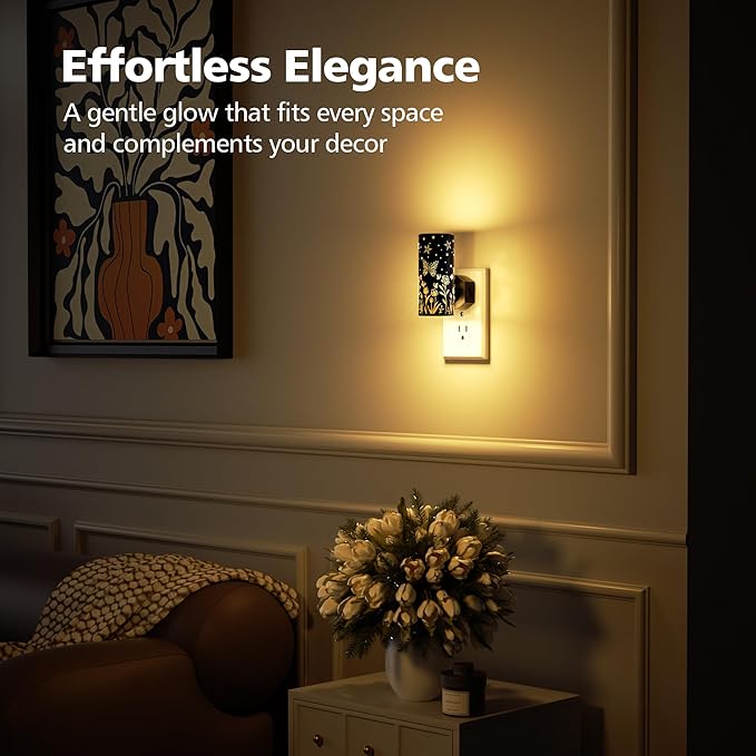 LED Night Lights Plug into Wall, 2-Pack 3000K Bright Plug in Nightlights, Dusk-to-Dawn, Dimmable 0-100LM, Auto-On/Off, Home Decor for Bedroom, Bathroom, Hallway, Kitchen, Black Butterfly