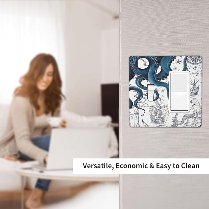 Nautical Vintage Map Octopus Mermaid Lighthouse Boat Outlet Covers 1 Toggle 1 Rocker Combination Decorative Wall Plate Electrical Switch Plates Light Switch Cover Plate for Bathroom Kids Room Decor
