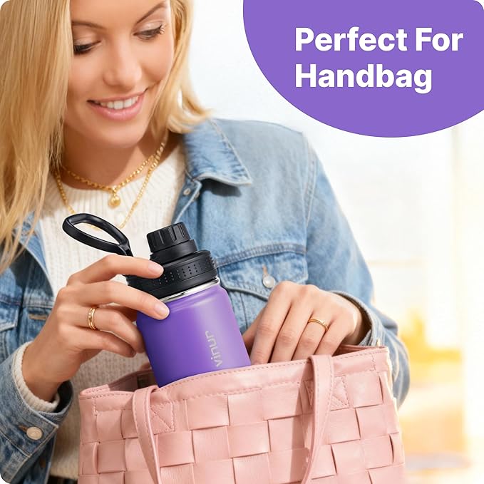 Vinur Mini Water Bottle 8 oz-Stainless Steel Insulated Small Water Bottle for Purse &Handbag-Reusable Metal Leak Proof Flask for Travel, Purple