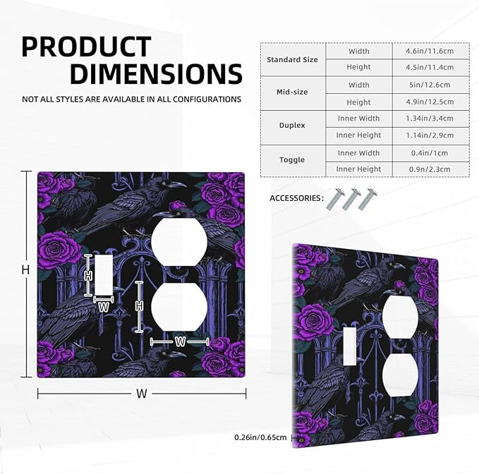 Wallplates Gothic Style Crow Purple Flowers 1 Toggle 1 Duplex Switch Plate Electrical GFCI Faceplate Decorative Light Switch Covers for Bedroom living Room Decor