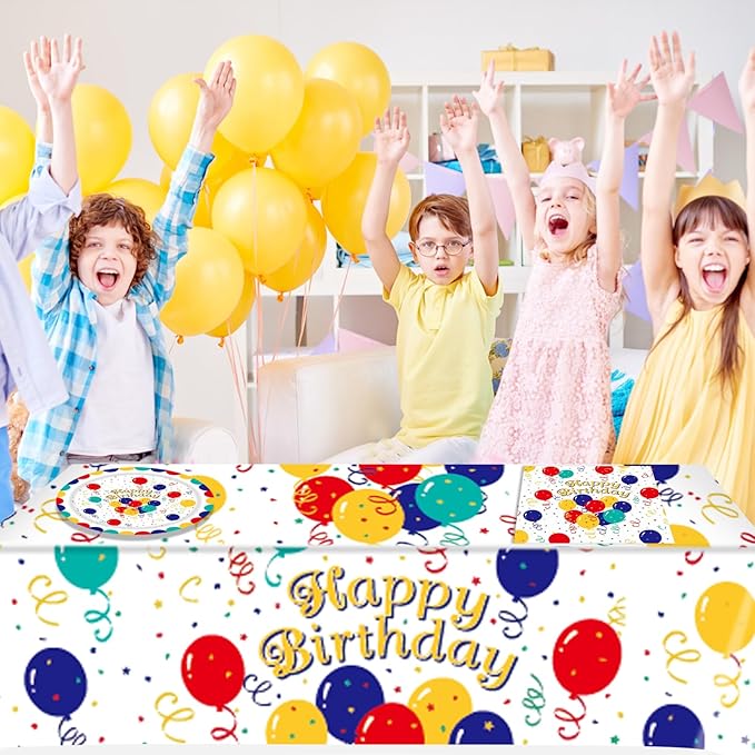41Pcs Birthday Party Decorations Happy Birthday Colorful Balloons Disposable Paper Plates Napkins Tablecloth for Kid's Birthday Party Baby Shower Rainbow Multicolor Balloons Decor Supplies