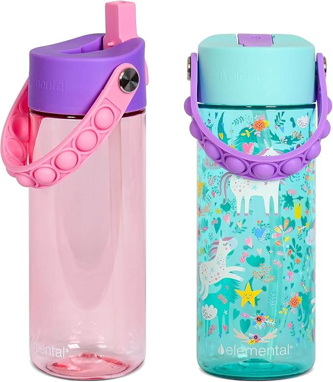 Elemental Leak Proof Water Bottles for Kids - Splash Kids Water Bottle for School with Pop-it Handle - Tritan Plastic Water Bottle with Straw - Unicorn & Rose - 18oz (2 Pack)