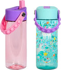 Elemental Leak Proof Water Bottles for Kids - Splash Kids Water Bottle for School with Pop-it Handle - Tritan Plastic Water Bottle with Straw - Unicorn & Rose - 18oz (2 Pack)