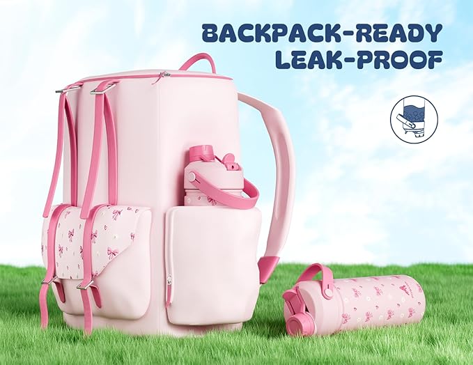 18 oz Insulated Water Bottle for Girls: 2-in-1 Straw Spout Lid, Leakproof, BPA-Free, Easy Carry, Keep Cold 24H, Cute Patterns, Kids Stainless Steel Cup for School, Travel, Holiday Gift (Bow Crush)