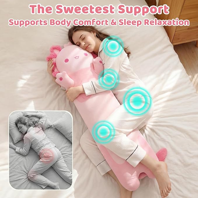 Mewaii Long Axolotl Plush 5 Sizes, 120% Extra Filling Giant Plushness Kids Body Pillow, Kawaii Cute Pink Axolotl Stuffed Animals Plushies, Big Long Body Pillow Cat Plush Gift for Girls 44”