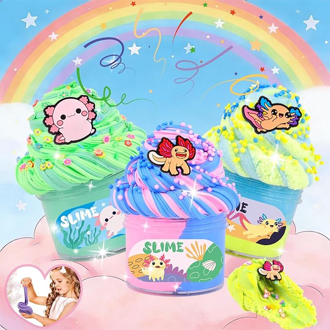 6 Pack Axolotl Slime Kit, Cute Stuff Butter Cloud Crystal for Girls Ages 8-12, Cloud Dough for Kids Set Party kit Goodie Bag Stuffers, Girls and Boy Birthday Gift Ideas Axolotl Blue