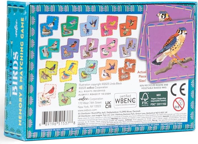 eeBoo: Memory & Matching Game- Little Birds- 18 Illustrated Matching Pairs, Concentration Tile Game, Informational Insert, Kids Ages 4+, 1-4 Players