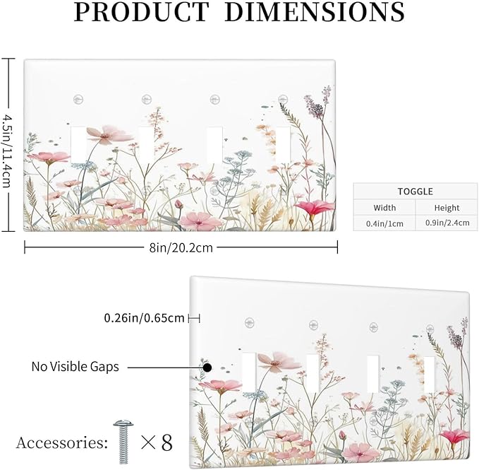 Watercolor Wildflower Pink Flower Plant Floral Light Switch Covers Quad Toggle Electrical Faceplate 4 Gang Wall Plate Decorative Switch Plates for Bedroom Living Room Decor