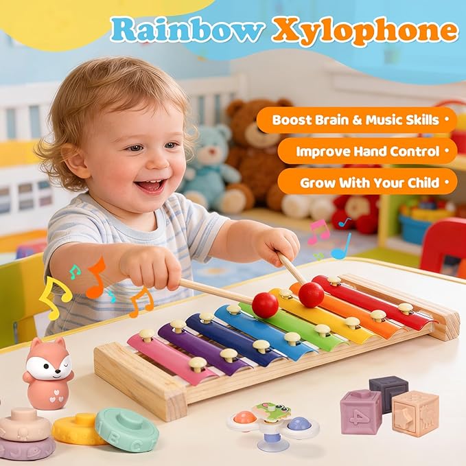 Montessori Toys for Toddlers 1-3, 7-in-1 Educational Activity Toy Set with Soft Cloth Book, Stacking Blocks & Learning Toys, Birthday Gifts for Boys Girls