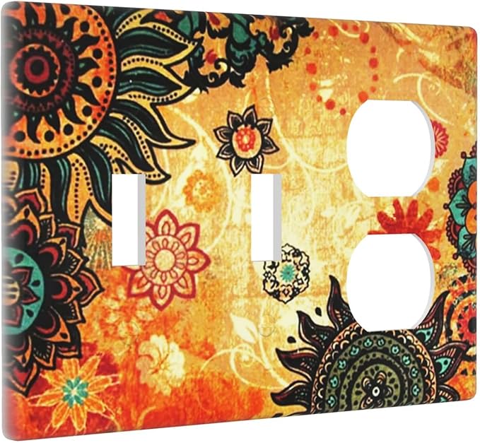 Red Orange Boho Bohemian Flower Floral 3-Gang 2-Toggle 1-Duplex Receptacle Combination Light Switch Decorative Triple Combo Device Switches/Rocker Outlet Covers and Wall Plate